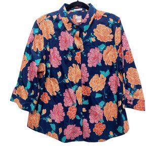 Chico's Floral Shirt, Size 16/18 (3), Cotton No-Iron Button Up 3/4 Sleeve Casual